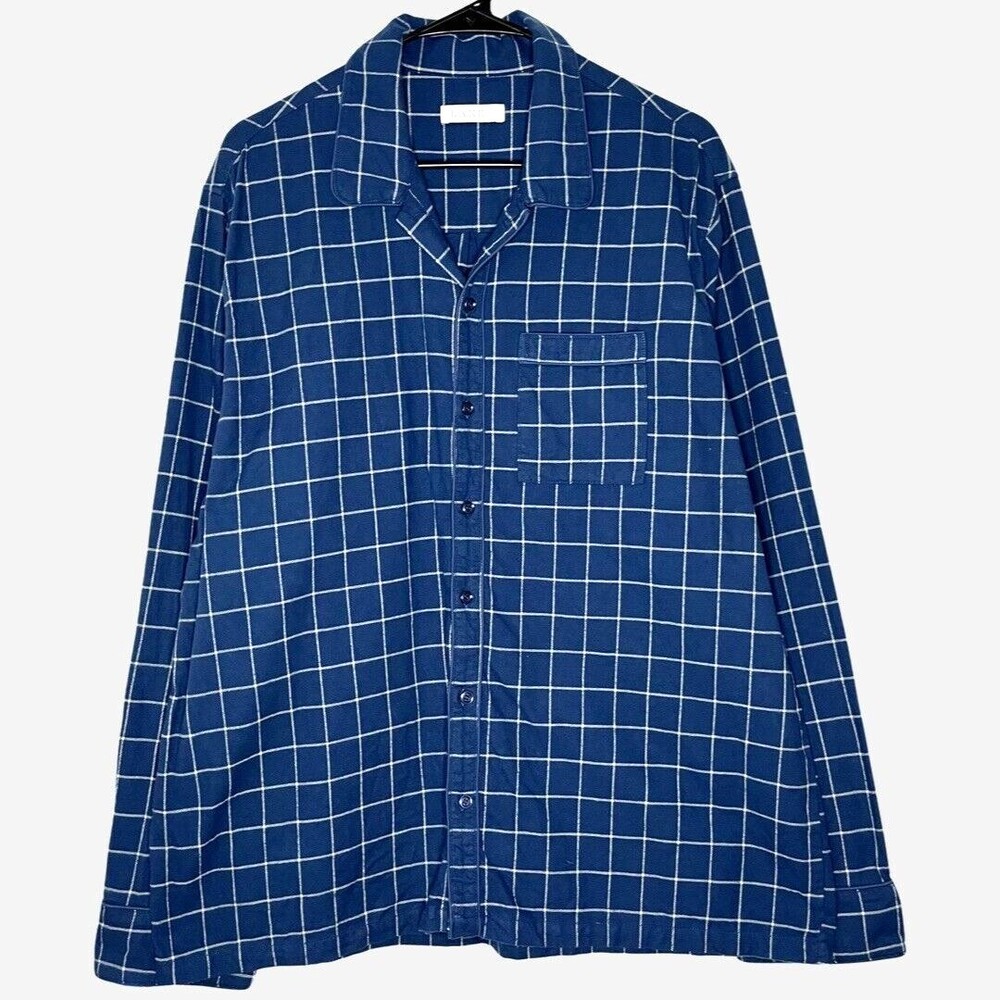 Lake Pajamas Mens Top Large Blue Windowpane Cotton Flannel Collared Long Sleeve